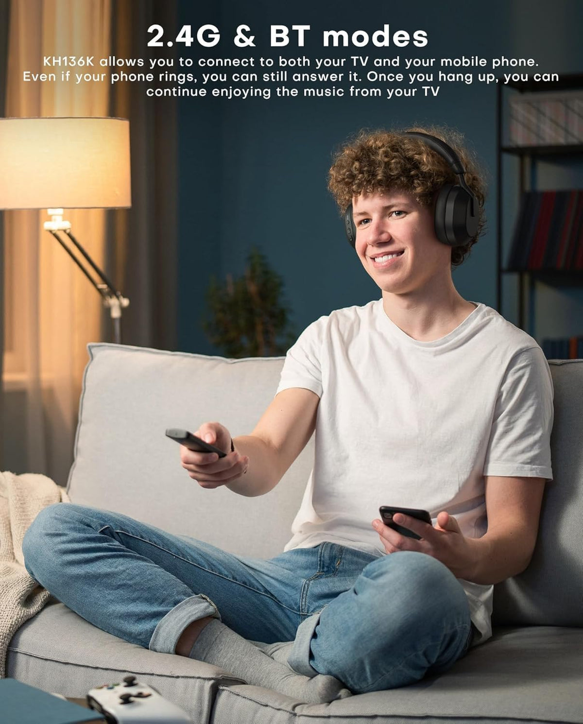 swiitech headset next to TV remote to show compact size and scale