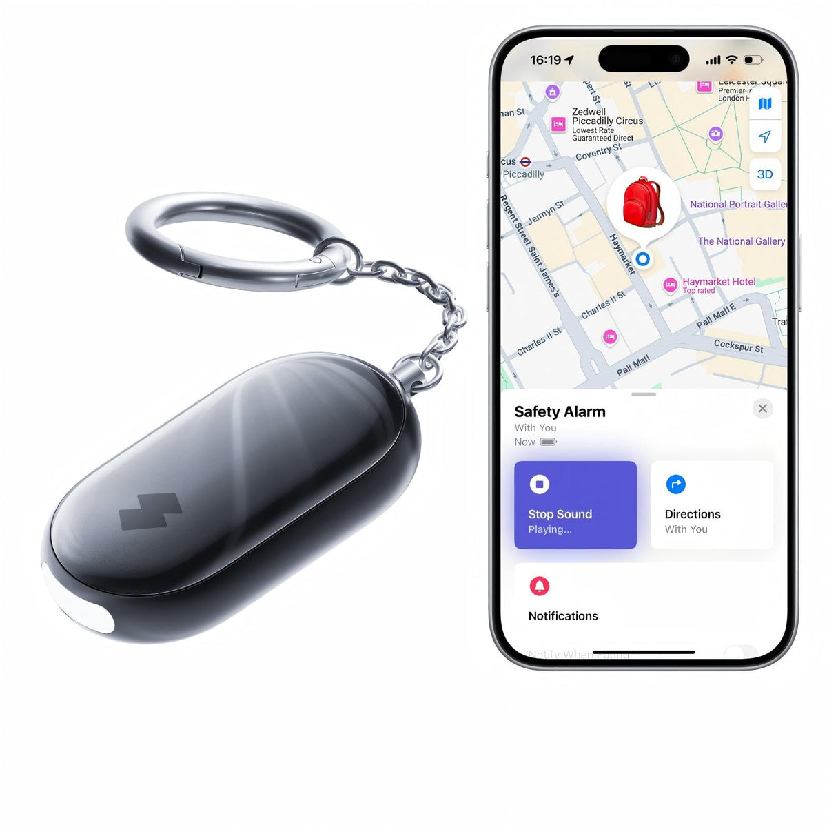 SwitchBot 130 dB safety alarm front view, quick accessibility for night commutes