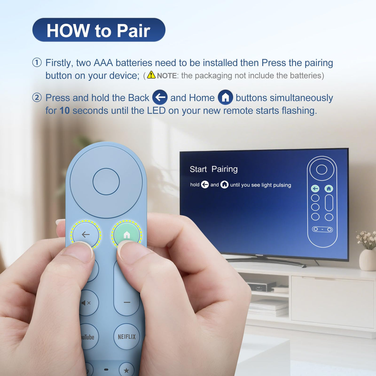 Pairing steps image demonstrates quick connection to Google TV for immediate use