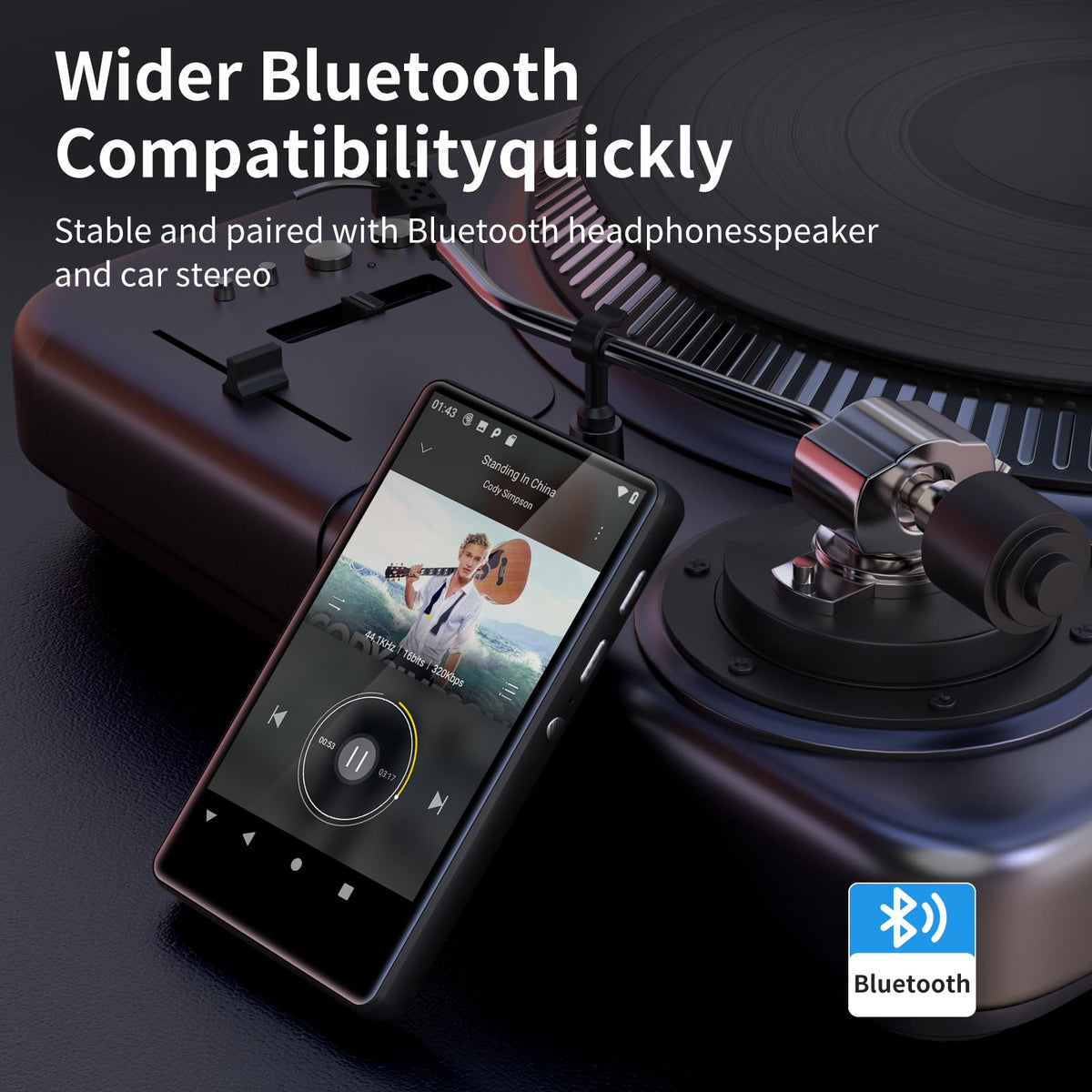 SWOFY M503 Pro playlist UI on screen showing organized music browsing