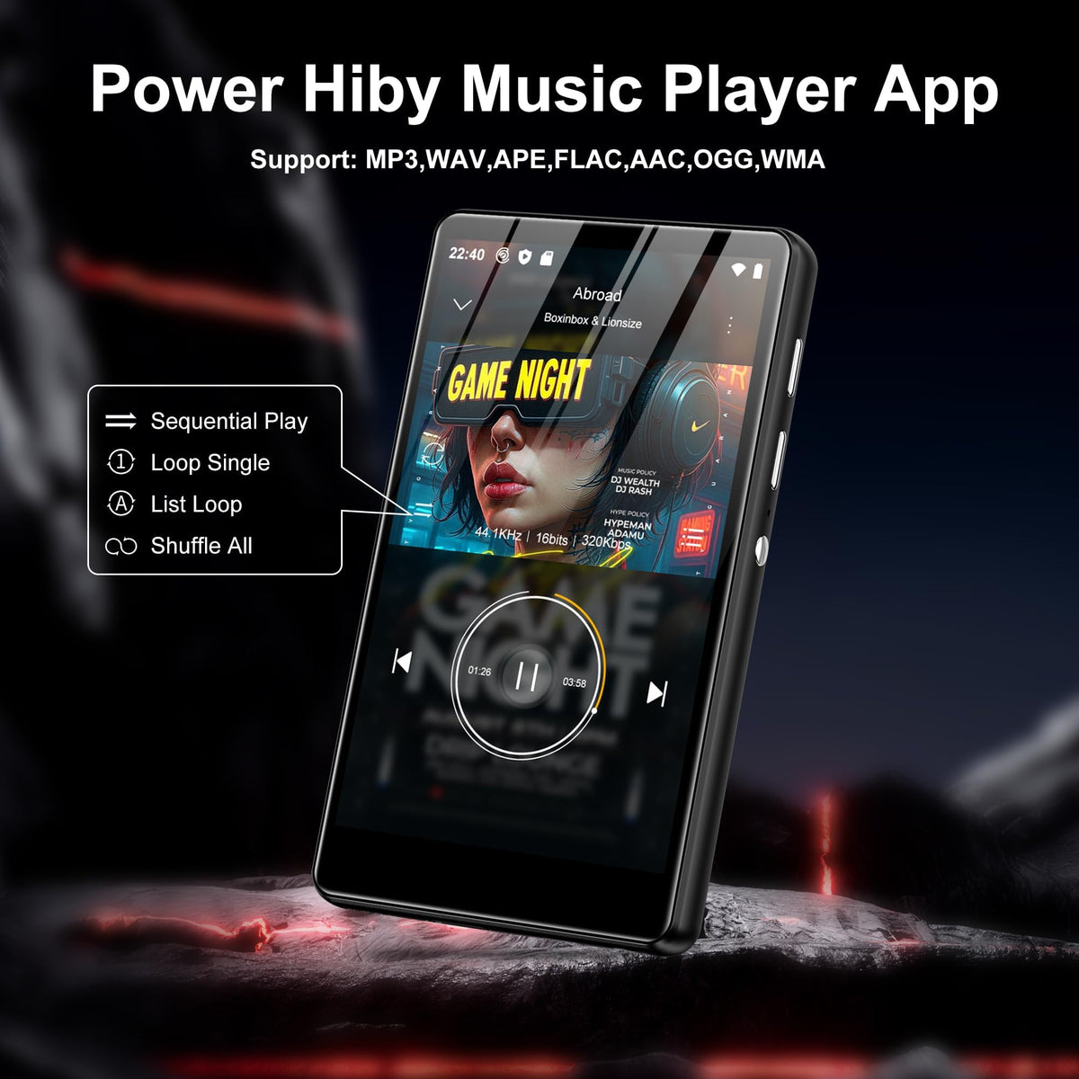 SWOFY M503Pro screen-on displaying vibrant touch interface for Spotify and videos