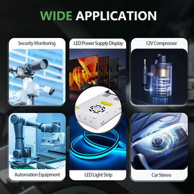 SWTPWR caution label indicating suitability for DC constant voltage devices like LED and CCTV.