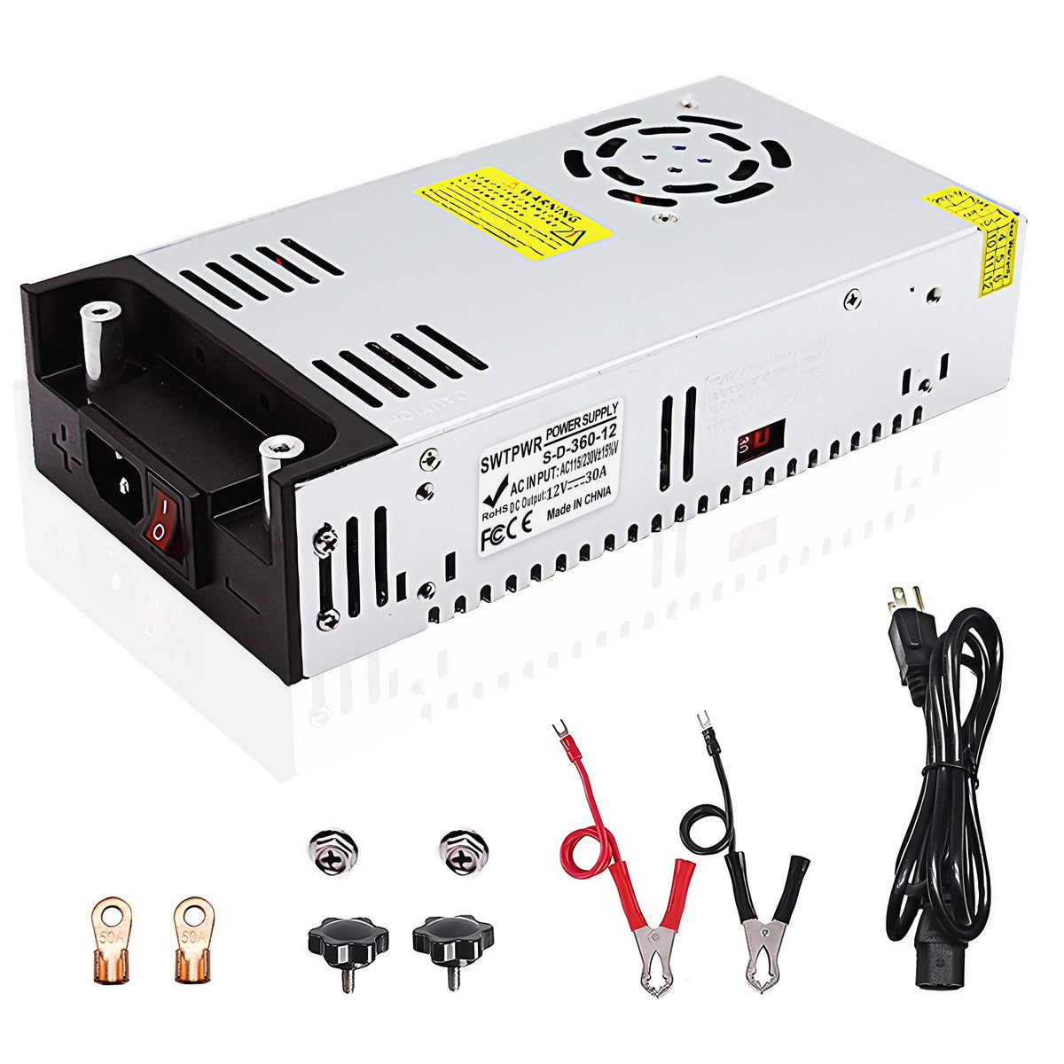 SWTPWR 12V power supply front view for compact LED strip and CCTV setups.