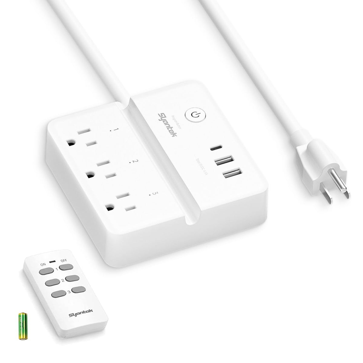 Syantek remote power strip on desk with three RF outlets for easy control.