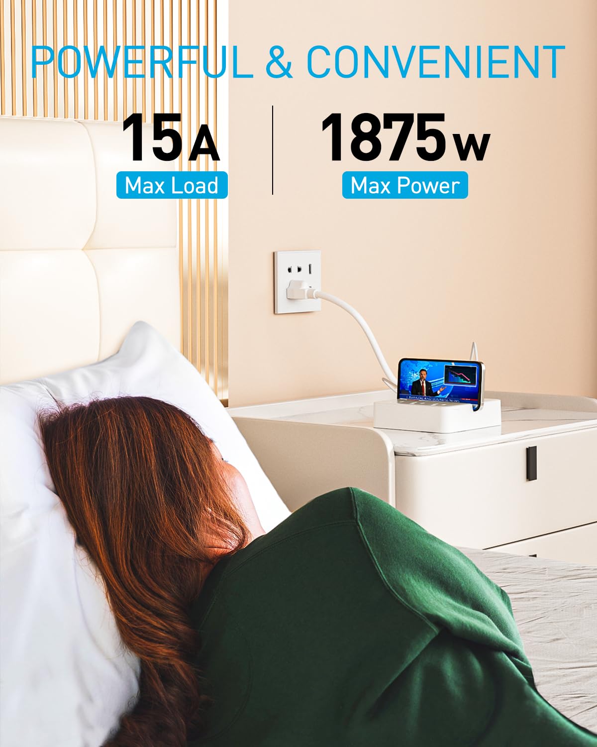 Syantek power strip showing USB ports for device charging at a workstation.