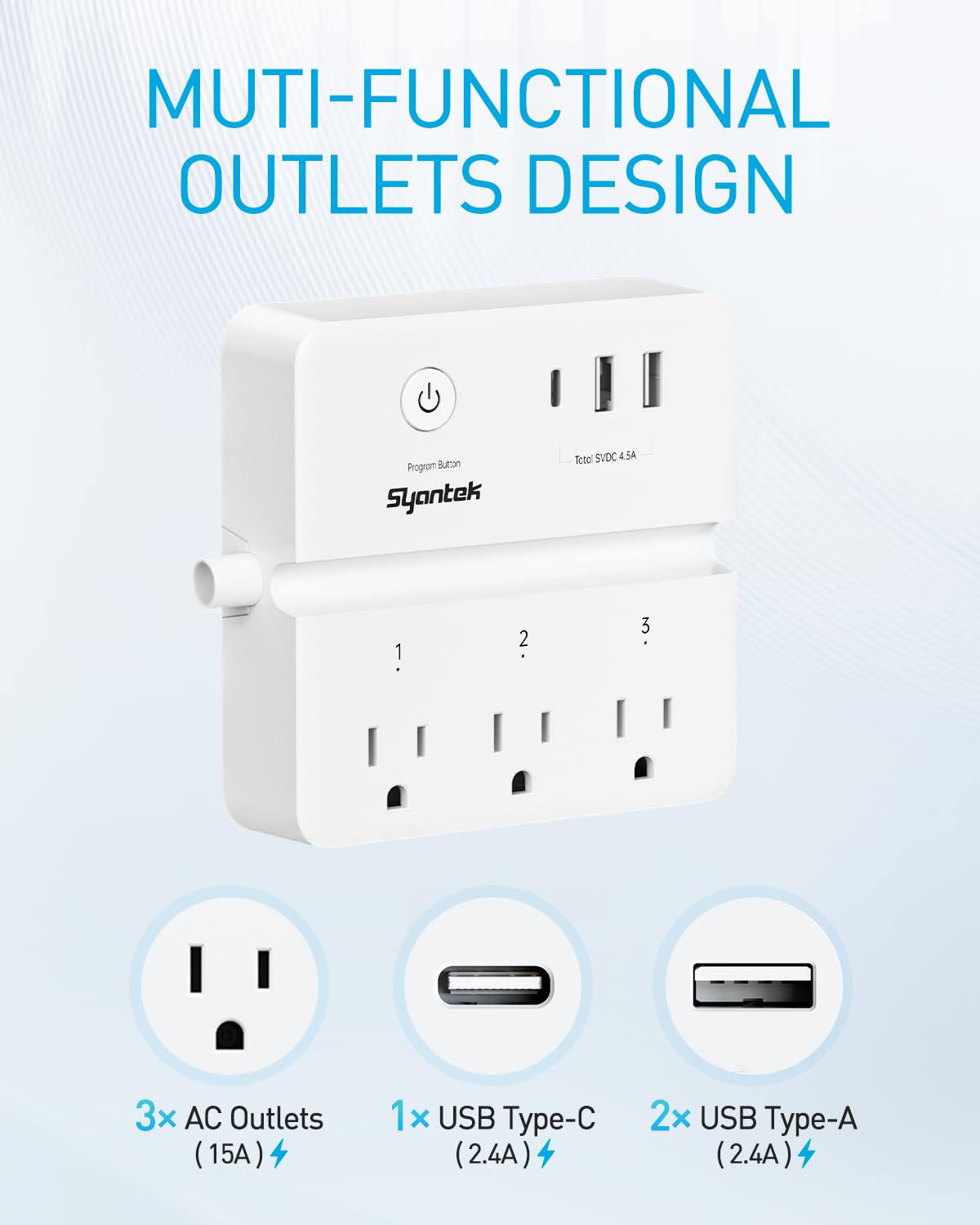Syantek remote control powering outlets across a living room setup.