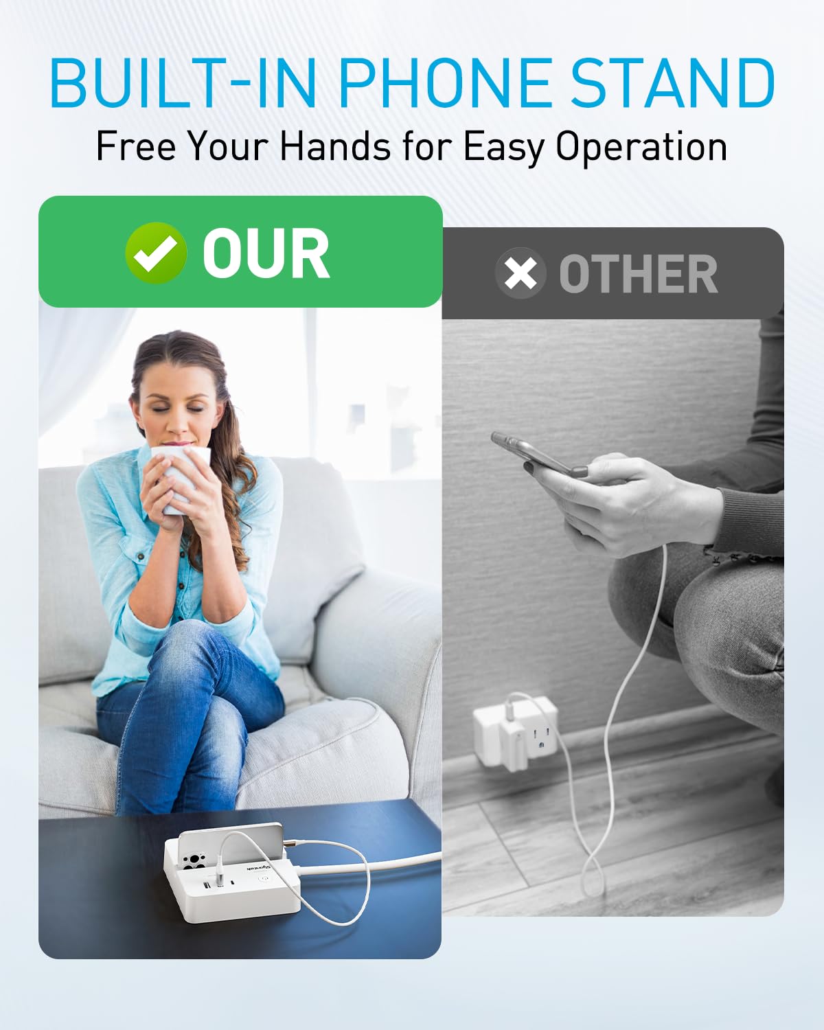 Syantek RF remote power strip in a home office with surge protection.