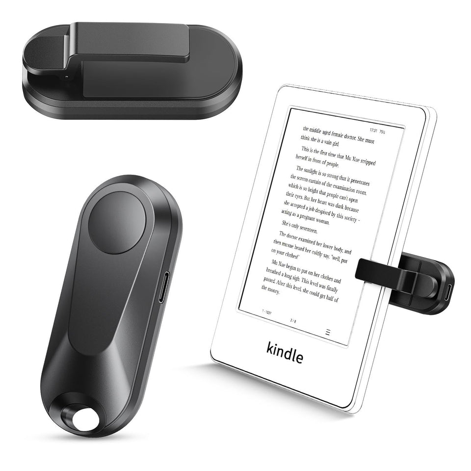 Sycelu page-turner side-mount for Kindle enables hands-free page turning during bedtime reading.