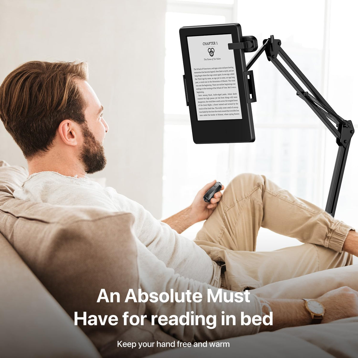 Sycelu remote with silent button design for quiet night reading.