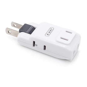 SYCON front view of white 4-outlet adapter showing three 2-prong sockets and compact shape for extra outlets