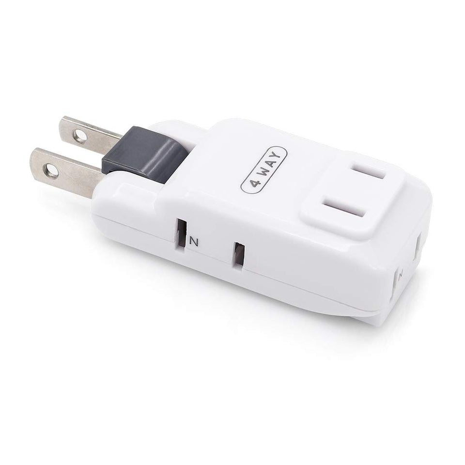 SYCON front view of white 4-outlet adapter showing three 2-prong sockets and compact shape for extra outlets