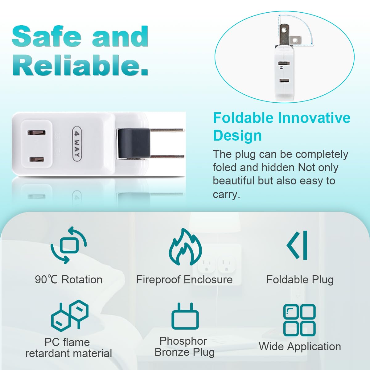 SYCON adapter plugged in powering multiple phone chargers and lamp showing space-saving convenience