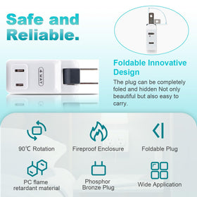 SYCON adapter plugged in powering multiple phone chargers and lamp showing space-saving convenience