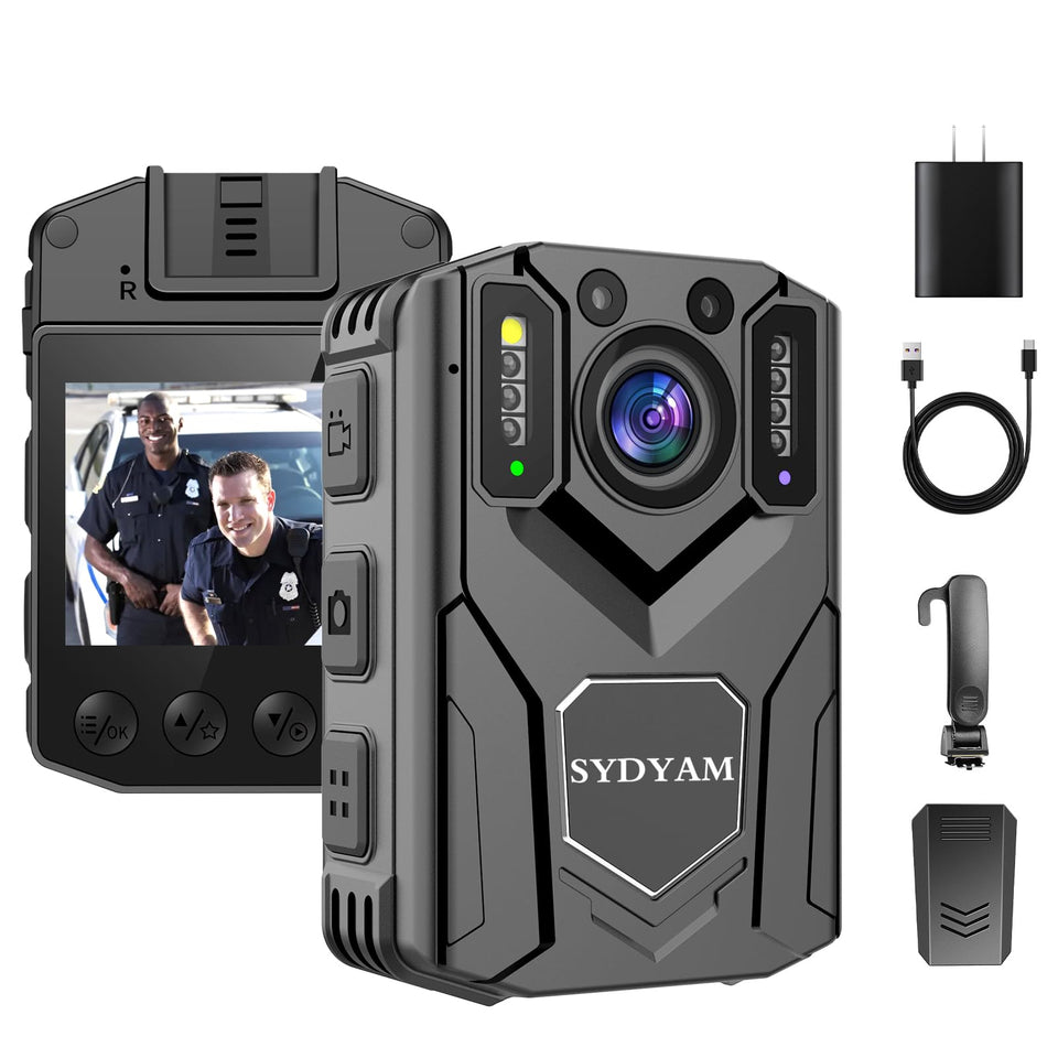 SYDYAM 2K body camera front view, compact and ready for duty patrolling.
