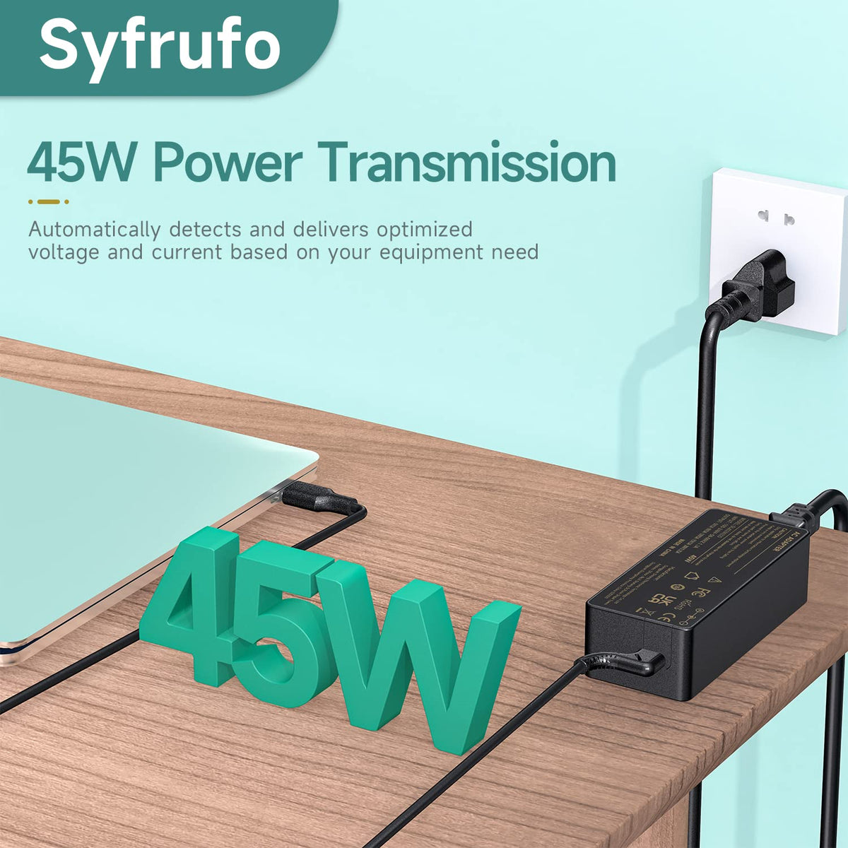Syfrufo USB-C charger with AC cable connected, ready for home office.