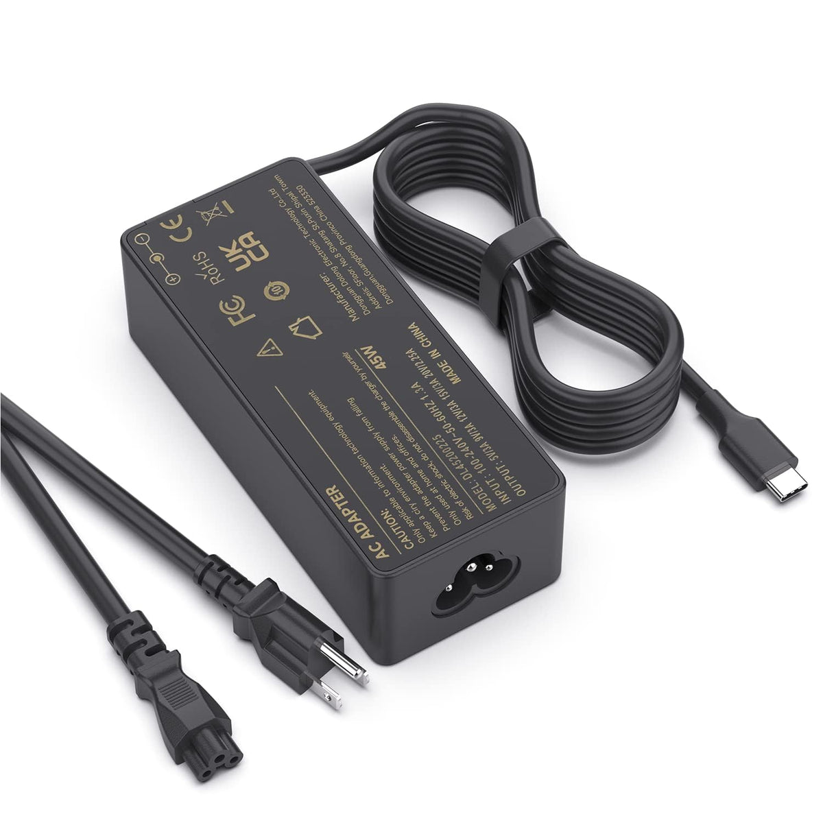 Syfrufo 45W USB-C laptop charger, front view, compact power for Chromebooks and ThinkPads.