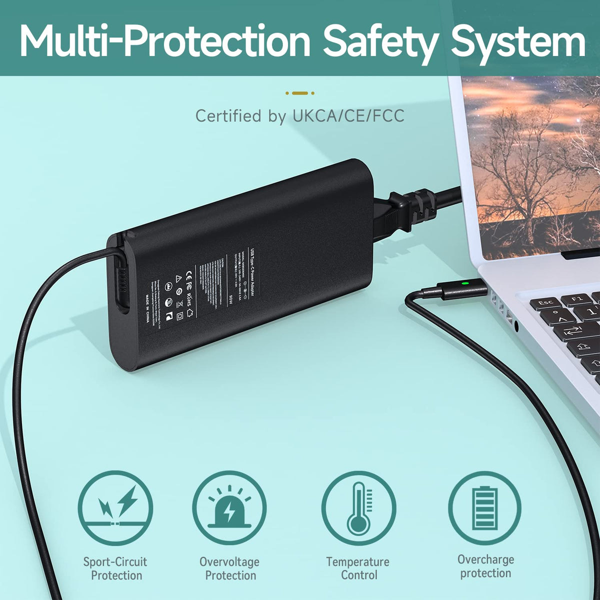 Syfrufo 90W USB-C charger shown with Dell Latitude compatibility.