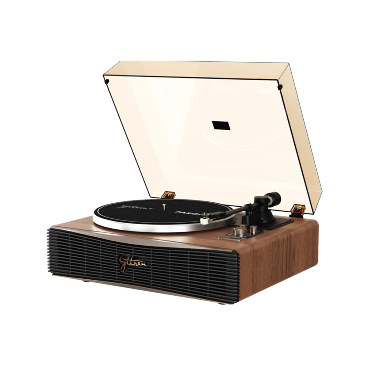 Syitren Paron turntable front view with walnut finish and easy controls.