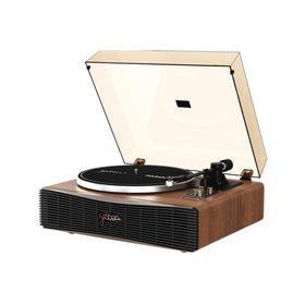 Syitren Paron turntable front view with walnut finish and easy controls.