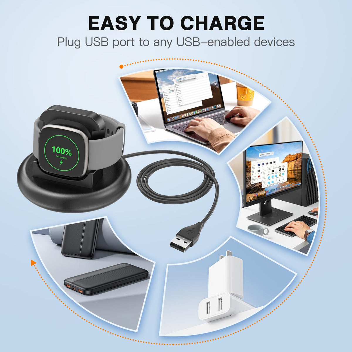 Compact Sylacor charger and coiled cable ready for travel with Fitbit Ace LTE.