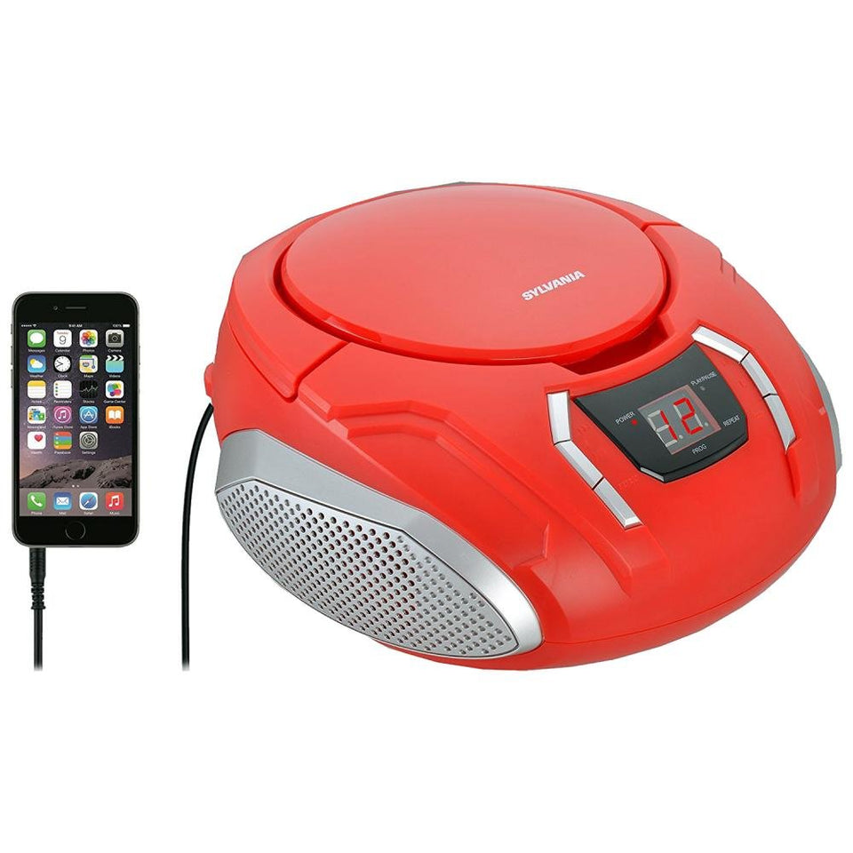 SYLVANIA Proscan Elite CD Boombox red front view — portable entertainment for any room.