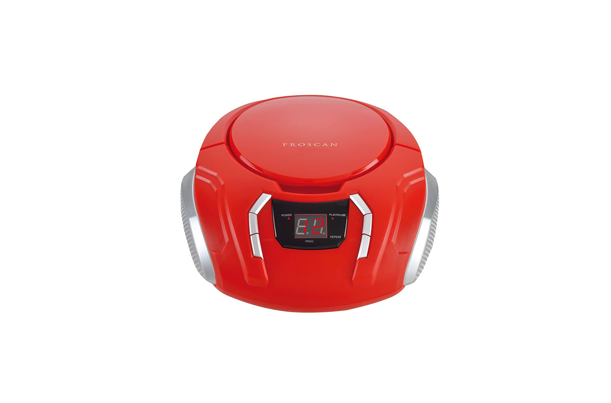 SYLVANIA Proscan Elite CD Boombox red side view — AM/FM radio and CD playback anywhere.