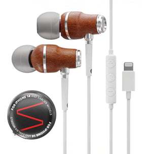 Symphonized bubinga front view showing wooden earbuds and Lightning plug for warm sound