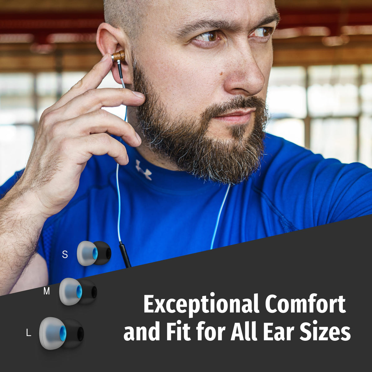Symphonized earbuds worn in ear demonstrating snug fit and improved noise isolation