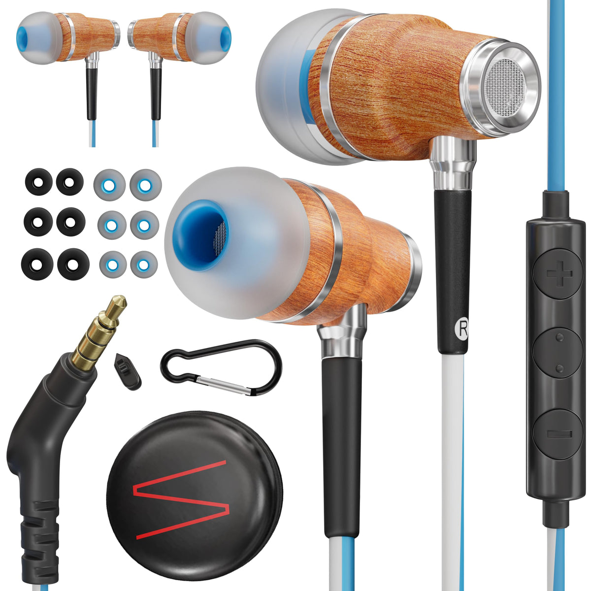Symphonized front view of earbuds and packaging showing premium wood finish and benefit
