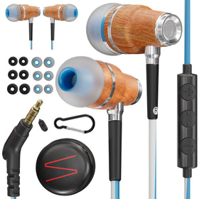 Symphonized front view of earbuds and packaging showing premium wood finish and benefit