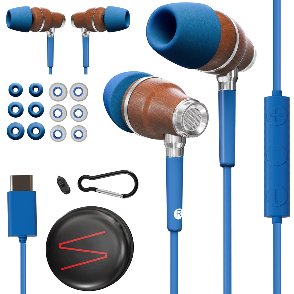 Symphonized front view packaging showing wooden earbuds and included tips benefits design