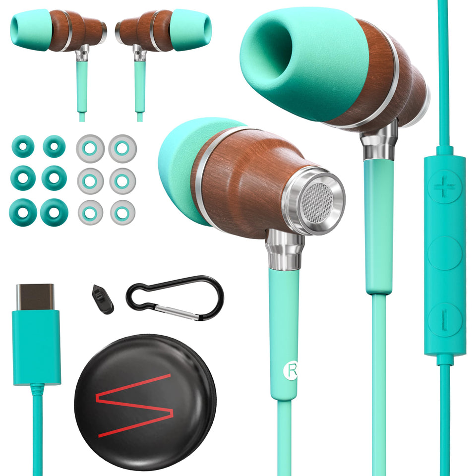 Symphonized front packaging of wooden USB‑C earphones showing product and benefits