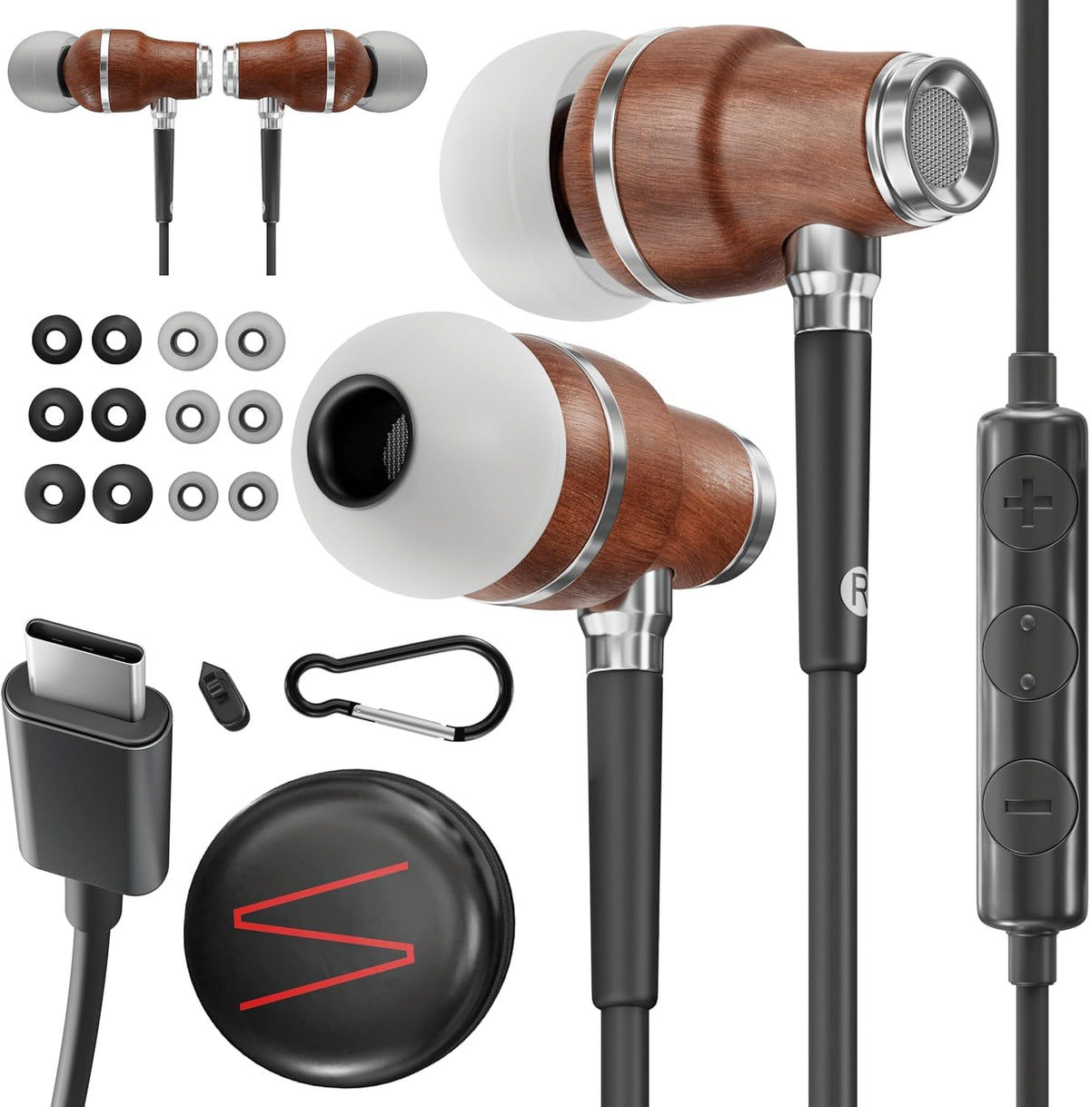Symphonized front packaging showing wooden USB-C earphones and benefits