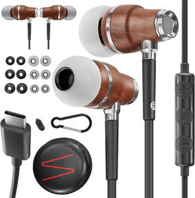 Symphonized front packaging showing wooden USB-C earphones and benefits