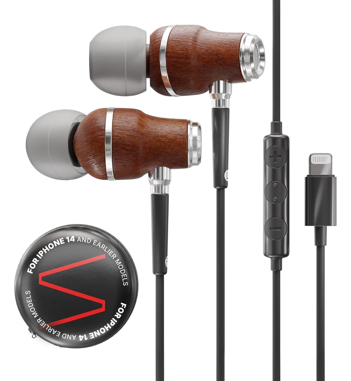 Symphonized front view bubinga Lightning earphones showing premium build and benefits
