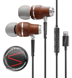 Symphonized front view bubinga Lightning earphones showing premium build and benefits