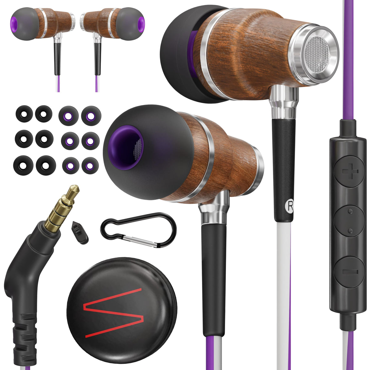 Symphonized front view earbuds showing wood housings and cable for richer sound