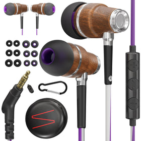 Symphonized front view earbuds showing wood housings and cable for richer sound