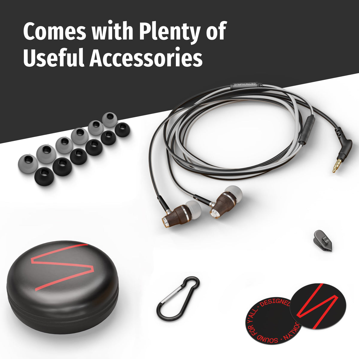 Symphonized earbuds beside smartphone for scale showing 3.5mm jack compatibility and convenience