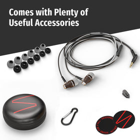 Symphonized earbuds beside smartphone for scale showing 3.5mm jack compatibility and convenience