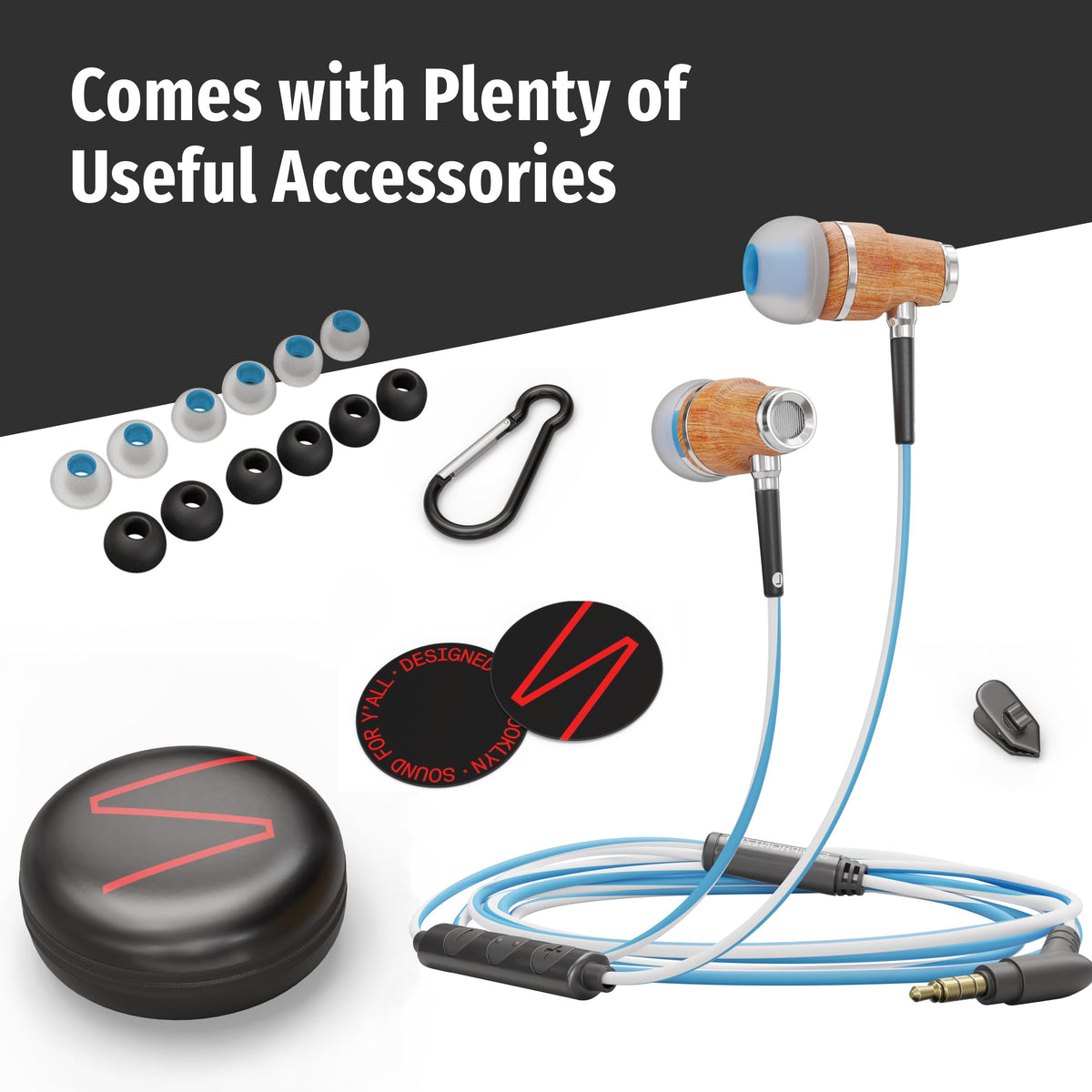 Symphonized earbuds beside smartphone showing scale and convenient 3.5mm connection