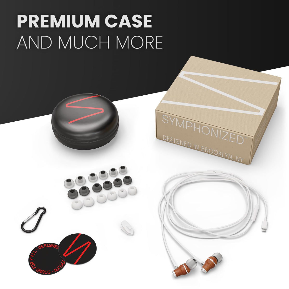 Symphonized travel case and accessories organized with ear tips and carabiner for protection