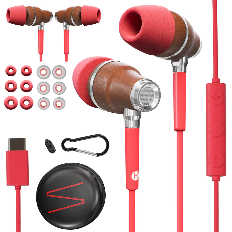Symphonized front view showing wooden USB‑C earphones and cable, stylish durable design