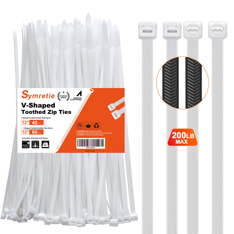 Symretie V-shaped 12in white cable tie with up to 200 lbs tension for heavy bundles.