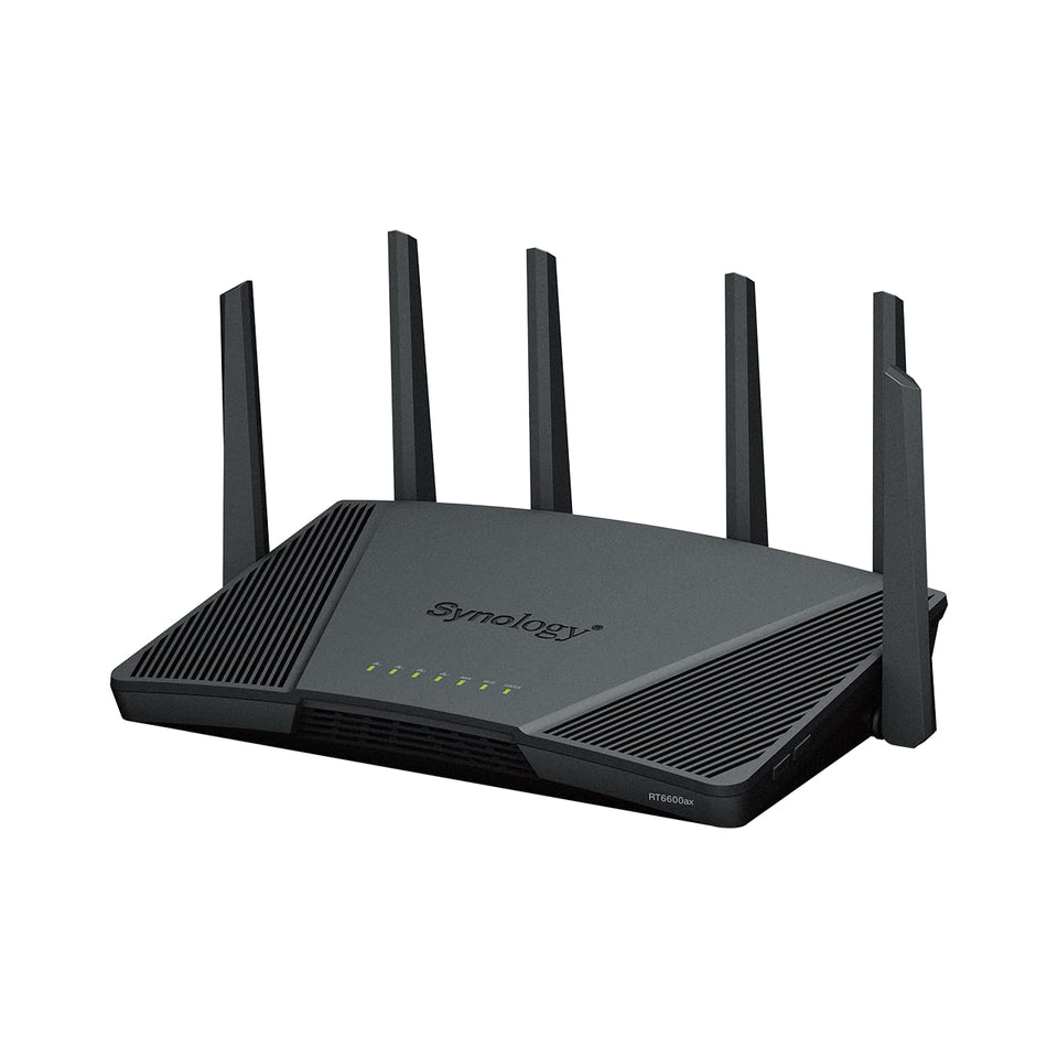 Synology RT6600ax front view showing sleek home router design for fast Wi‑Fi