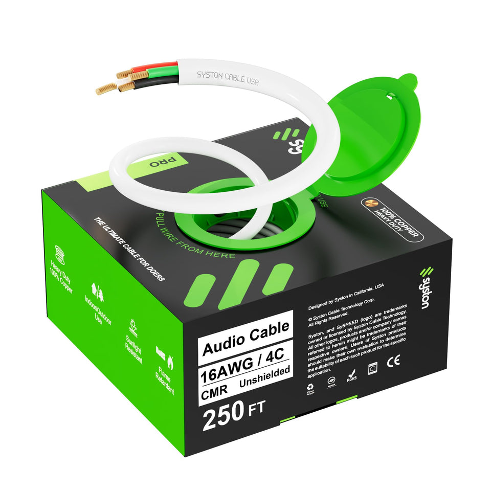 Syston 16/4 speaker wire bulk spool for easy, clean installations.