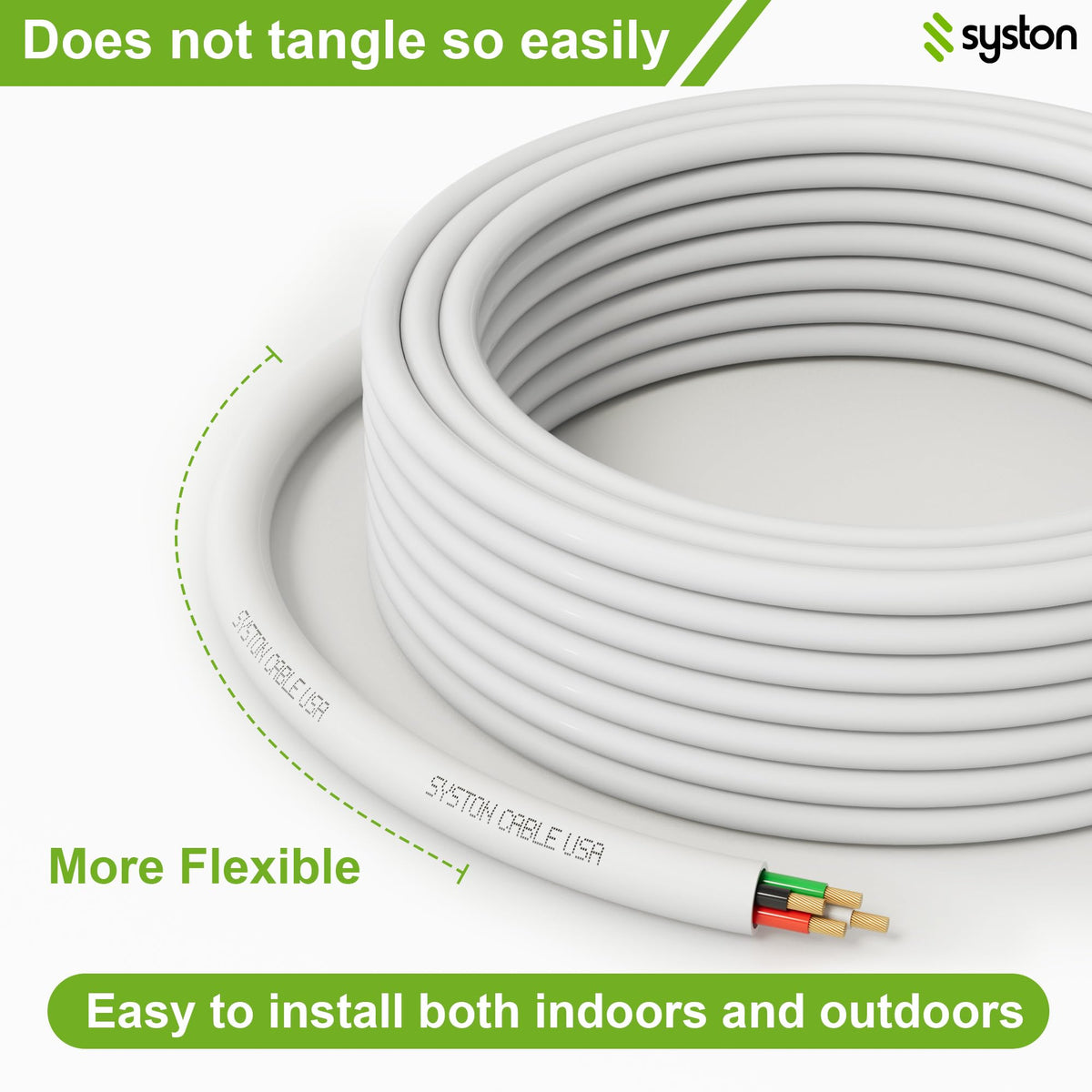 Syston cable routed behind a home theater, tidy concealment and flexible routing benefit