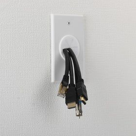 Syunko cable wall plate for home theater keeps messy wires out of sight.