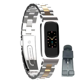 T-BLUER Fitbit Luxe metal band front view highlights sleek stainless steel.