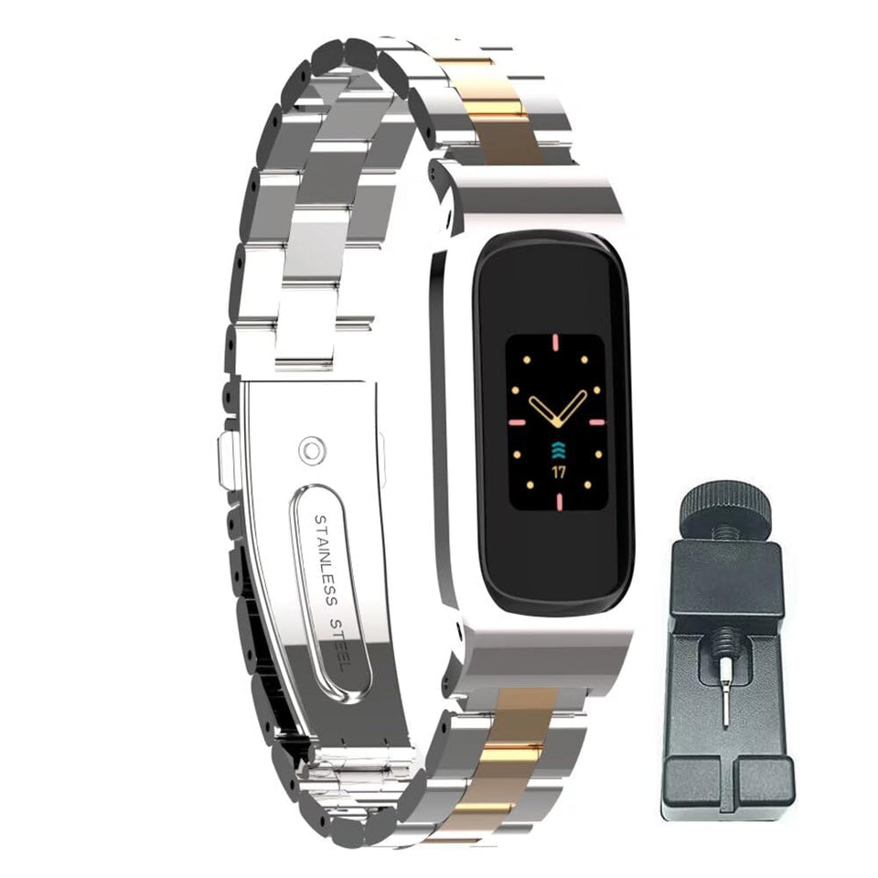 T-BLUER Fitbit Luxe metal band front view highlights sleek stainless steel.